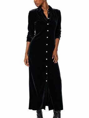 Faherty Silk Shirt Dress Black Velvet Stretch Maxi